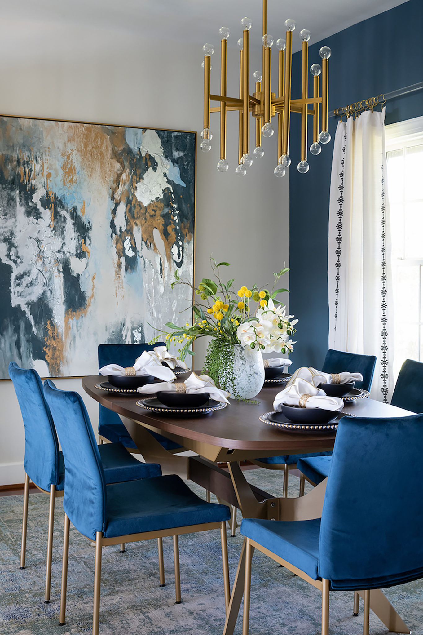 blue transitional dining area
